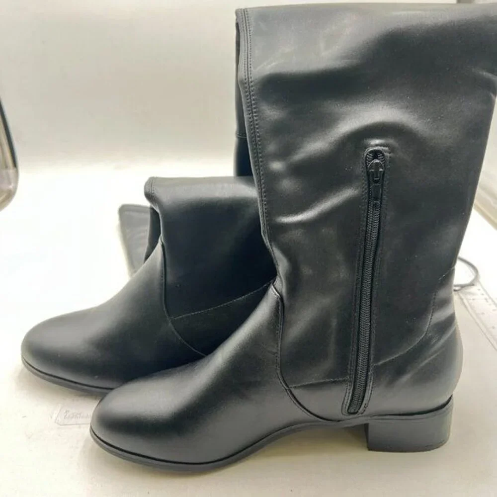 YDN Women Sexy Closed Toe Over The Knee Boots Lace Up Low Heel Black Shoes